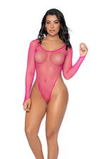 Essential Fishnet Long Sleeve Bodysuit - Os - Neon Pink