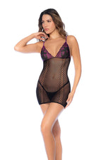 Whispered Lace Fishnet Chemise - Os - Black/purple