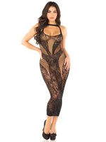 Seamless Rhinestone Lace and Net Body Con Dress - Os - Black Default Title