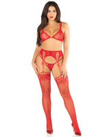 Red 3pc Lace Bra Top, G-String, and Stockings - Os Default Title
