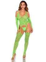 2 Pc Lace Halter Footless Cami Garter With Attached Toe Loop Stockings O/s - Neon Green Default Title