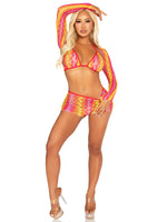 3 Pc Zig Zag Net Bikini Top, Boyshorts and Shrug O/s - Multicolor Default Title