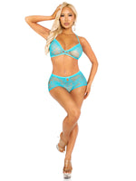 "2 Pc Lace Bra Top and Keyhole Back Boyshorts O/s - Turquoise LA-89351TRQOS"