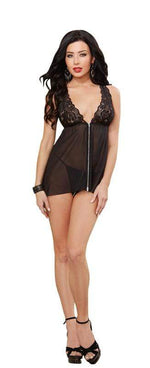 Chiffon Zip Front Babydoll Andthong - Large - Black Default Title