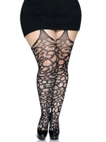Scroll Lace Stocking With Attached Garter Belt - 1x-2x - Black Default Title