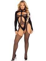 2 Pc Fishnet Halter Suspender Bodystocking and Layered Teddy - One Size - Black Default Title