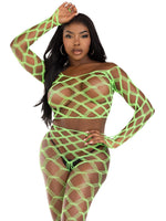 2 Pc Net Crop Top and Footless Tights - One Size - Neon Green Default Title