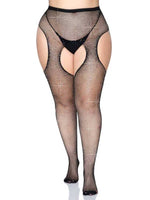 Casey Rhinestone Fishnet Suspender Pantyhose - Queen - Black Default Title