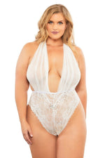 Mesh Plunge Halter Teddy - Queen Size - White Default Title