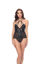 Halter Bustier With Jacquard Panels & G-String - One Size - Black Default Title