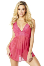 Mesh and Lace Frame Empire Babydoll With G-String - Bright Rose - S-m Default Title