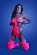 "Wavelength Cutout Rhinestone Teddy Bodystocking - One Size - Neon Pink FL-GL2140-OS-B"