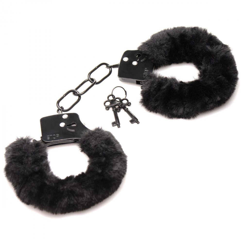 XR Brands Cuffed in Fur Furry Handcuffs - Black — black bondage toy at Stuffgoodies