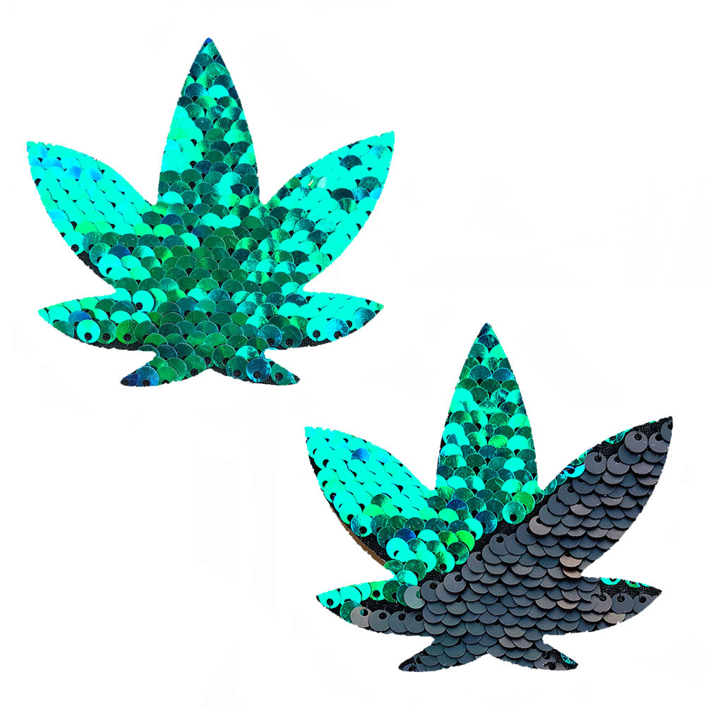 Neva Nude Ariel - Green to Black Flip Sequin Gold Dope Af Weed Leaf Pasties — green intimate product at Stuffgoodies