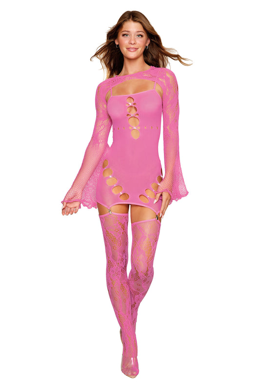 Garter Dress With Thigh High and Shrug - One Size  - Milkshake Pink