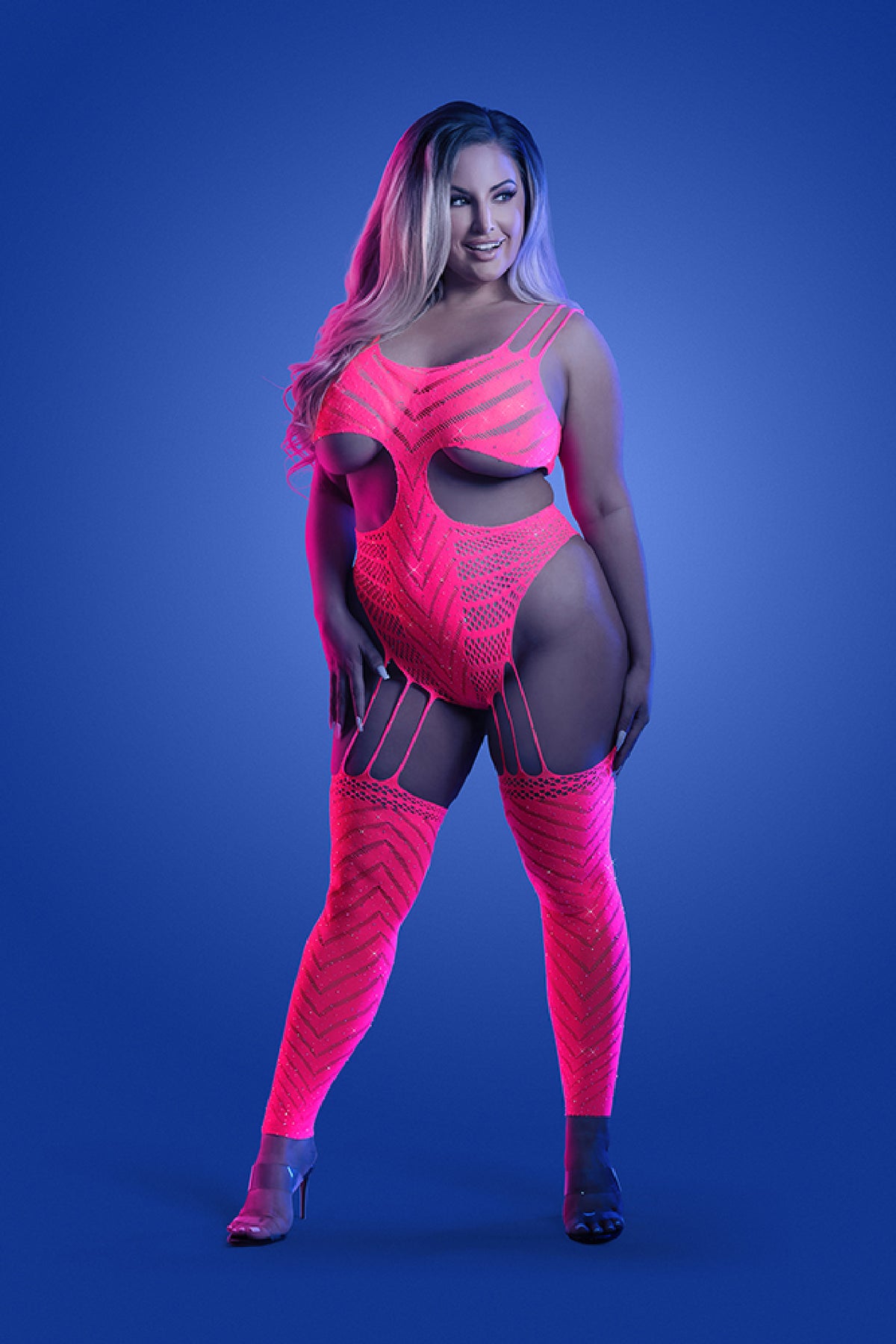 Wavelength Cutout Rhinestone Teddy Bodystocking -  Queen - Neon Pink