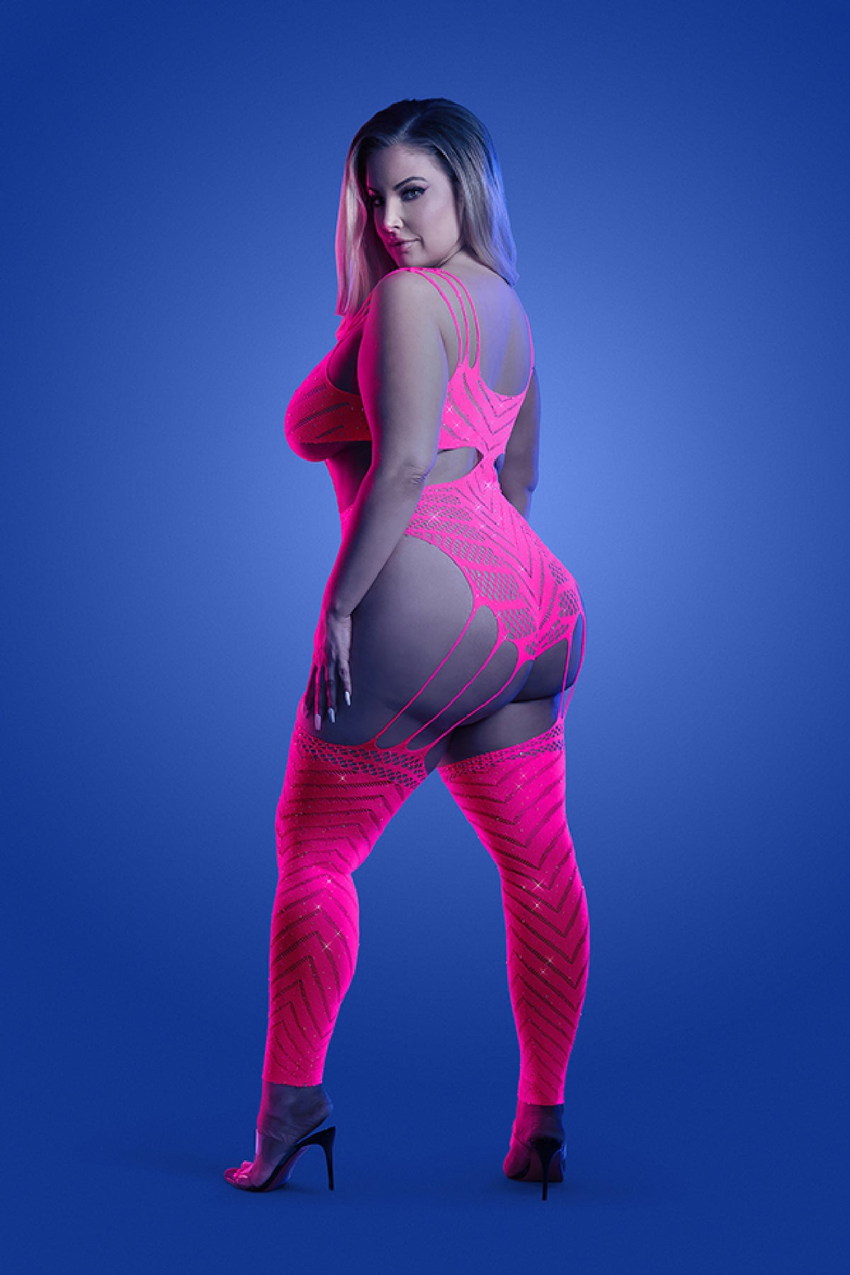 Wavelength Cutout Rhinestone Teddy Bodystocking -  Queen - Neon Pink