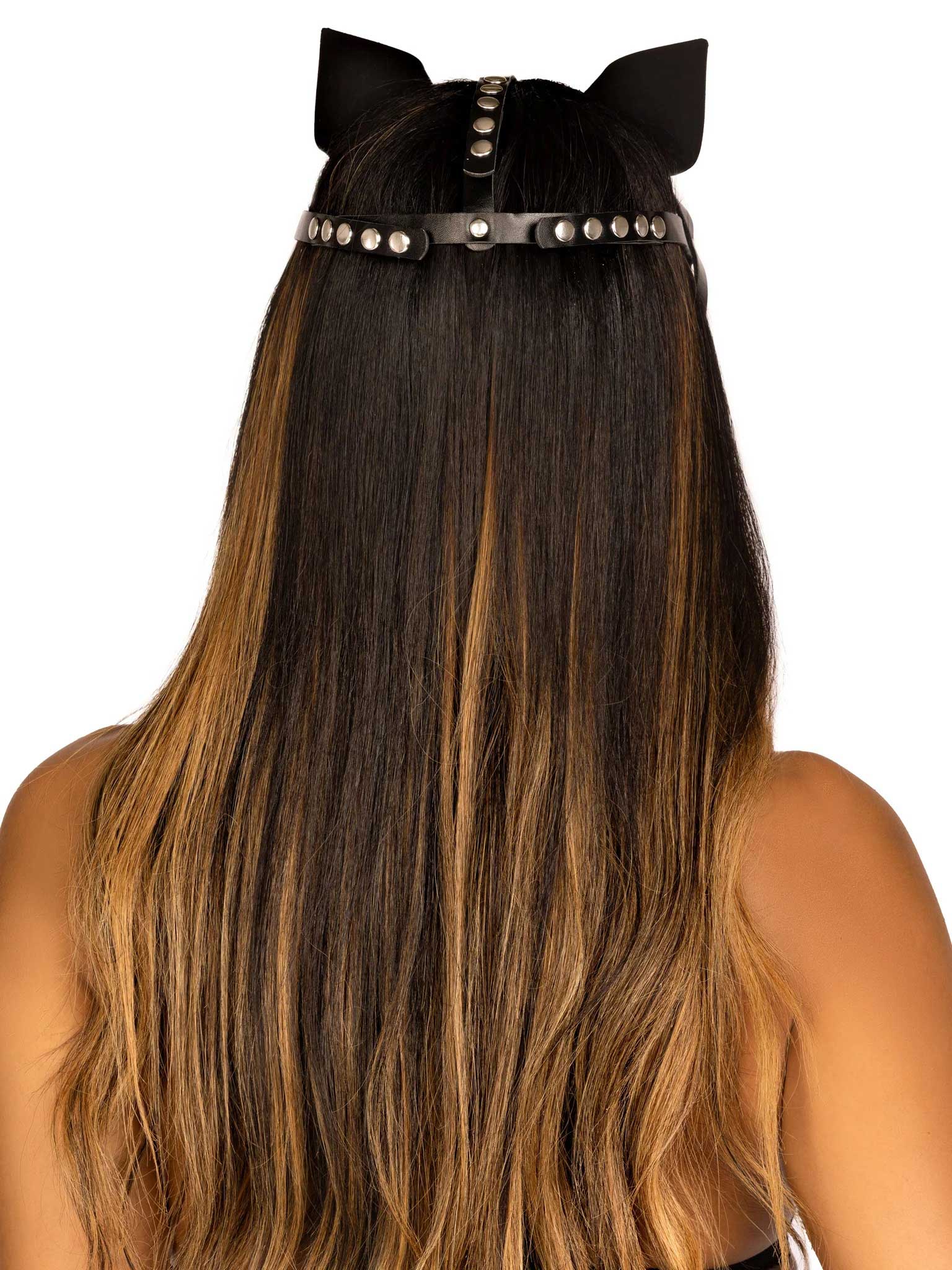 Vegan Leather Studded Cat Mask - Black