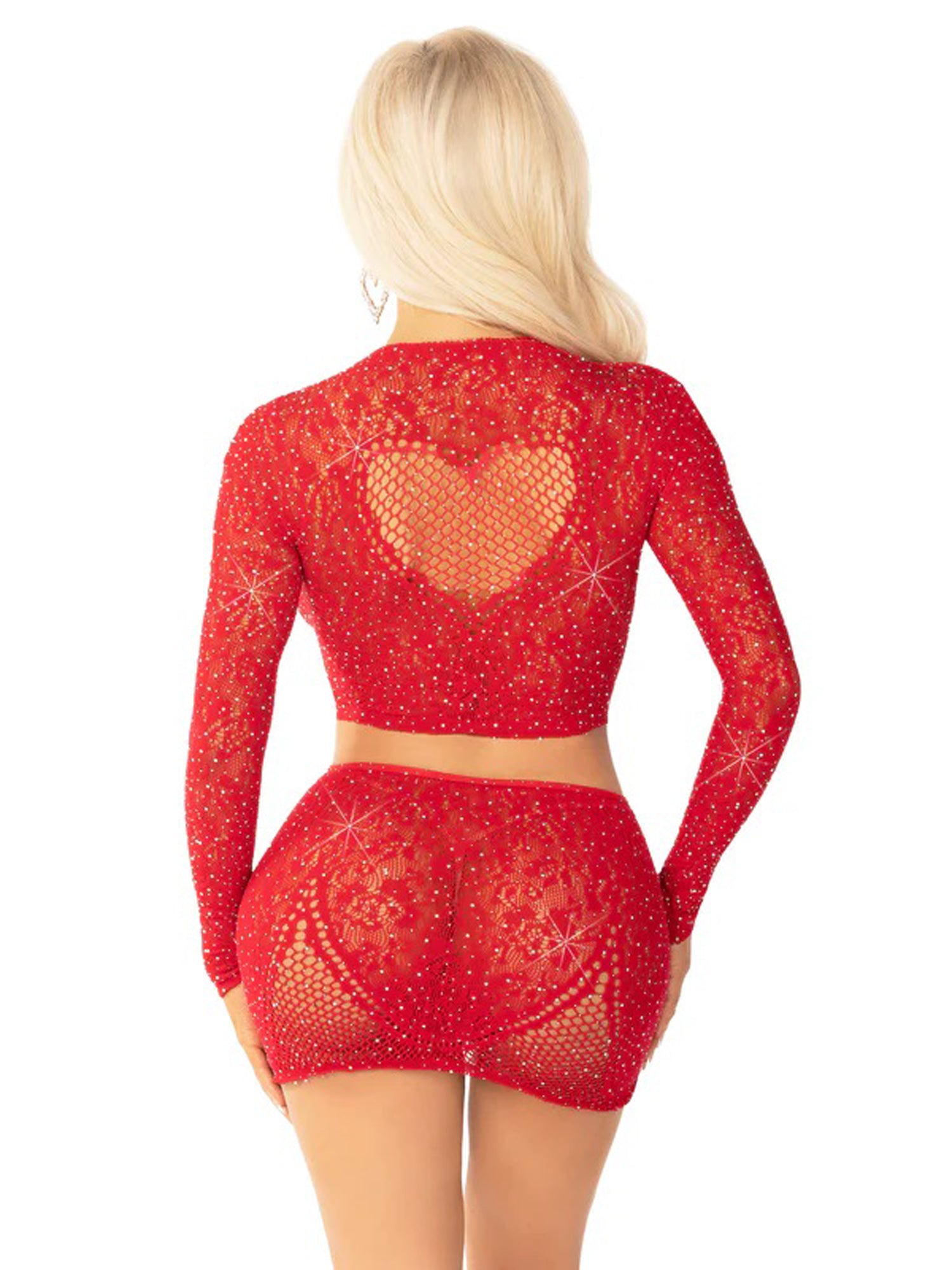 Red 2pc Rhinestone Lace and Net Crop Top With - Heart Keyhole Mini Skirt - Os