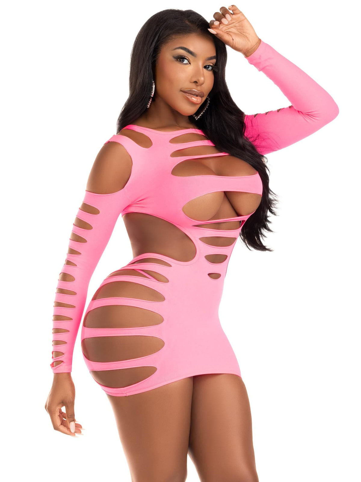 Opaque Shredded Cut Out Mini Dress - One Size - Neon Pink