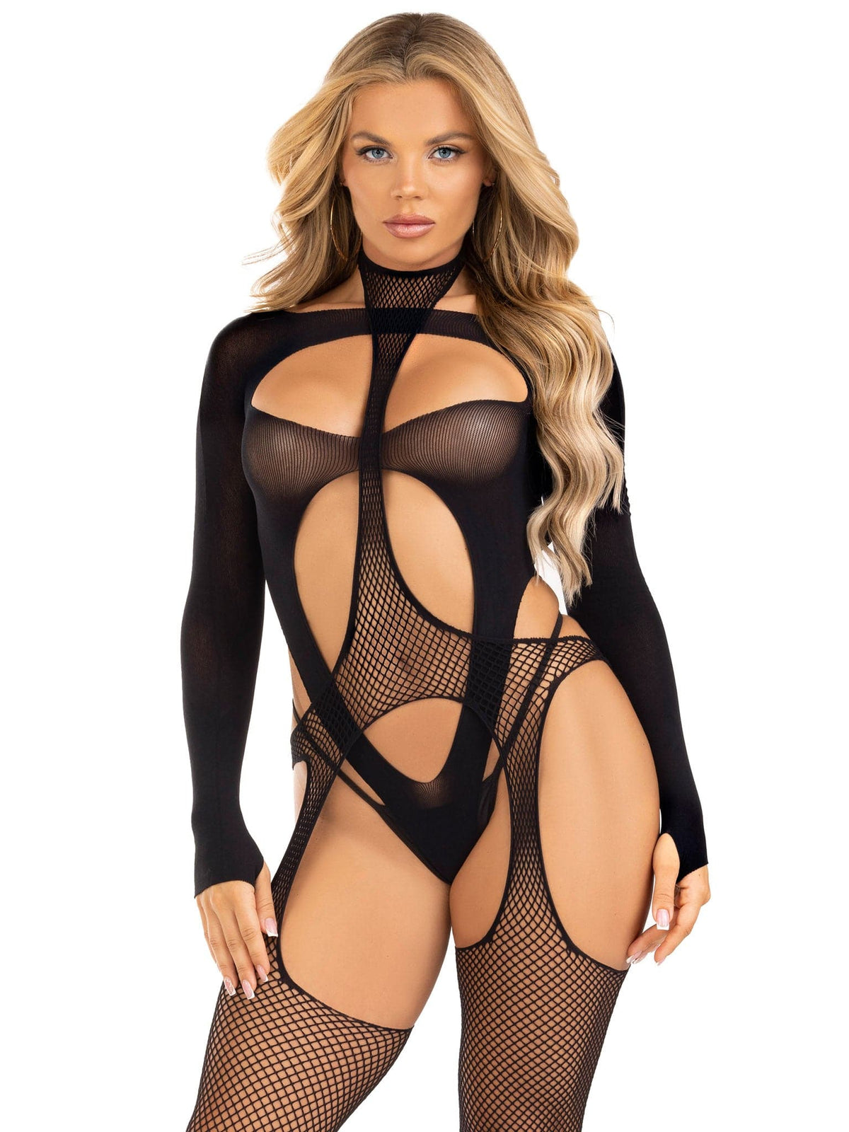 2 Pc Fishnet Halter Suspender Bodystocking and  Layered Teddy - One Size - Black