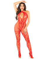 Red Seamless Net and Lace Lingerie Jumpsuit - With Keyhole Crossover Halter - Os Default Title