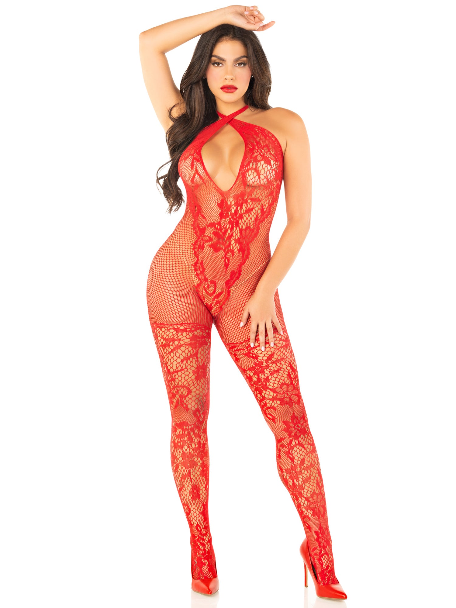Red Seamless Net and Lace Lingerie Jumpsuit - With Keyhole Crossover Halter - Os Default Title