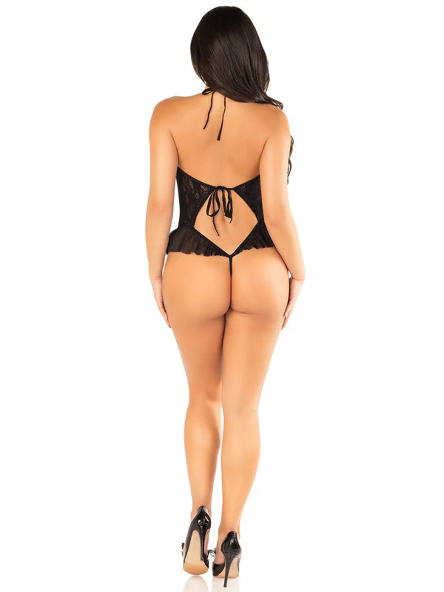 Black Floral Lace Halter Bodysuit With Mini Bow - and Flutter Accent - Os