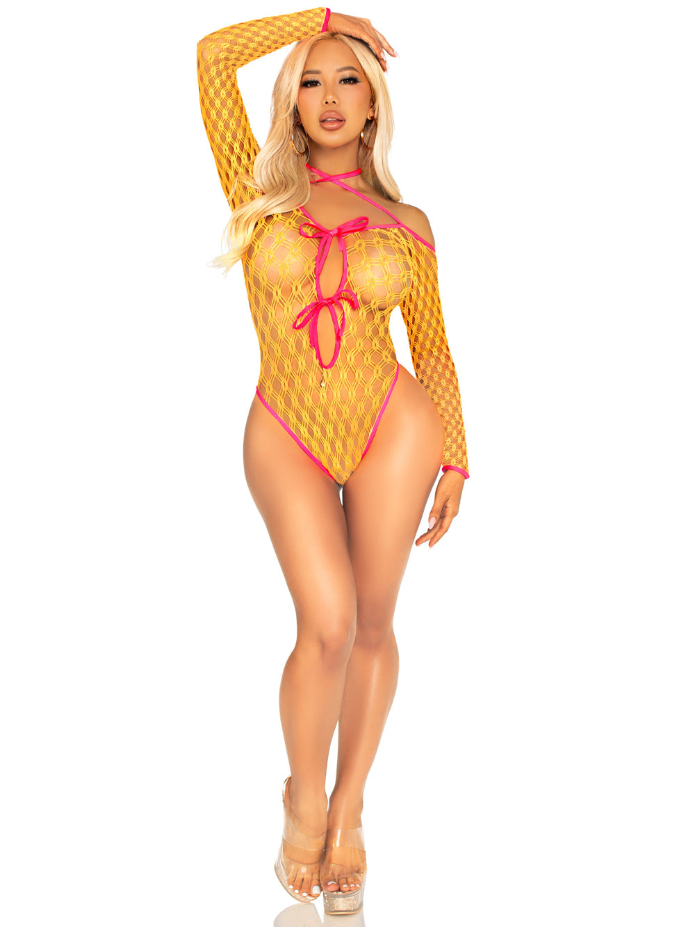 Eyelet Net Teddy With Tie-Front Keyhole Detail O/s - Neon Orange Default Title