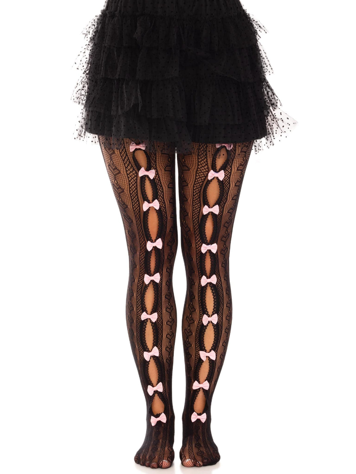 Sweetheart Striped Net Tights With Keyhole and  Mini Bow Detail - One Size - Black
