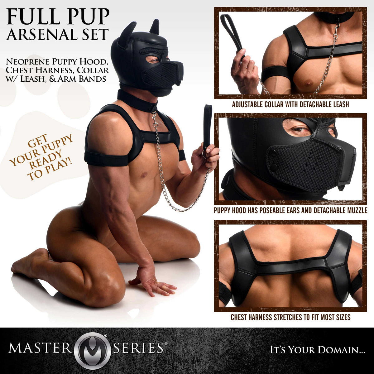 full pup arsenal set neoprene puppy hood chest harness collar with leash and arm band black