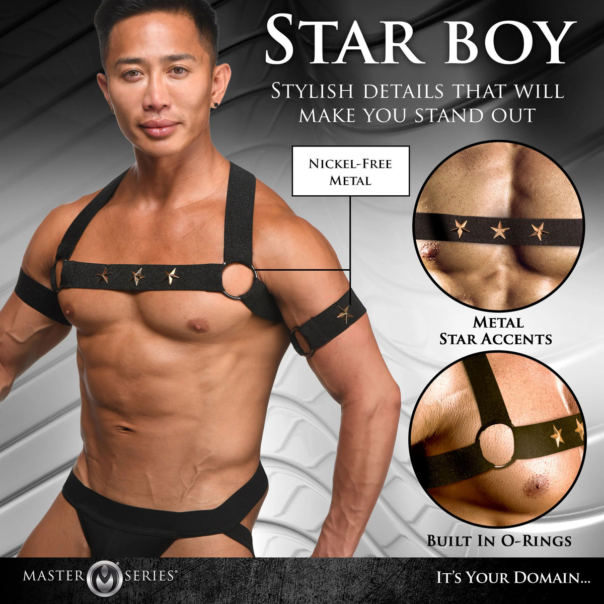 Arnés de pecho masculino Star Boy con brazaletes - Grande/extragrande - Negro