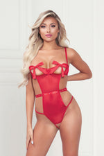 "Mesh Teddy With Underwire, Satin Ribbon Bows, Rhinestone Belt, Hook and Eye Back Closure, and Open Thong - One Size - Red STM-11369PRDOS"