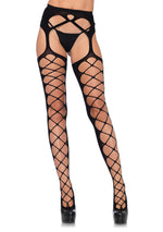 "Diamond Net Opaque Stockings with Attached Garter - Black - One Size LA-1778"