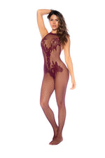 "Vino Noir Floral Fishnet Bodystocking - Os - Cherry GE-1116BGOS"
