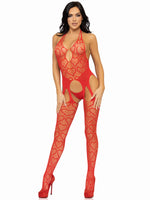 "Seamless Heart Net Suspender Bodystocking - One Size - Red LA-89306REDOS"