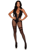 "Opaque and Sheer Twist Halter Bodystocking - One Size - Black LA-89299BLKOS"