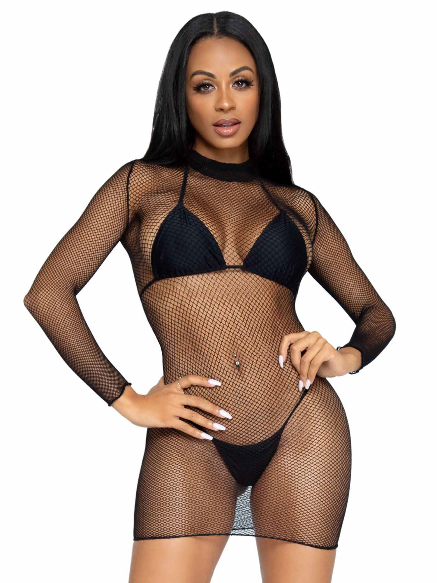 "Ultra Net Long Sleeve High Neck Mini Dress - One Size - Black LA-86799BLKOS"