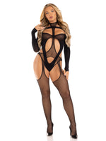 "2 Pc Fishnet Suspender Lingerie Jumpsuit and Layered Opaque Teddy O/s - Black LA-89321BLKOS"