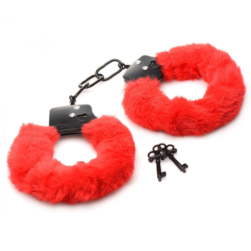 XR Brands Cuffed in Fur Furry Handcuffs - Red — red bondage toy at Stuffgoodies