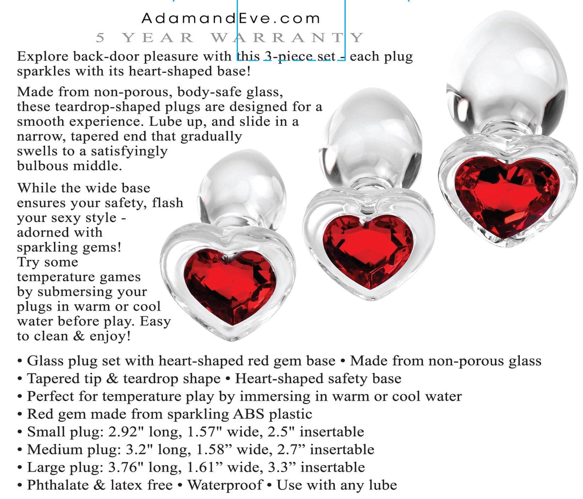 red heart gem glass plug set