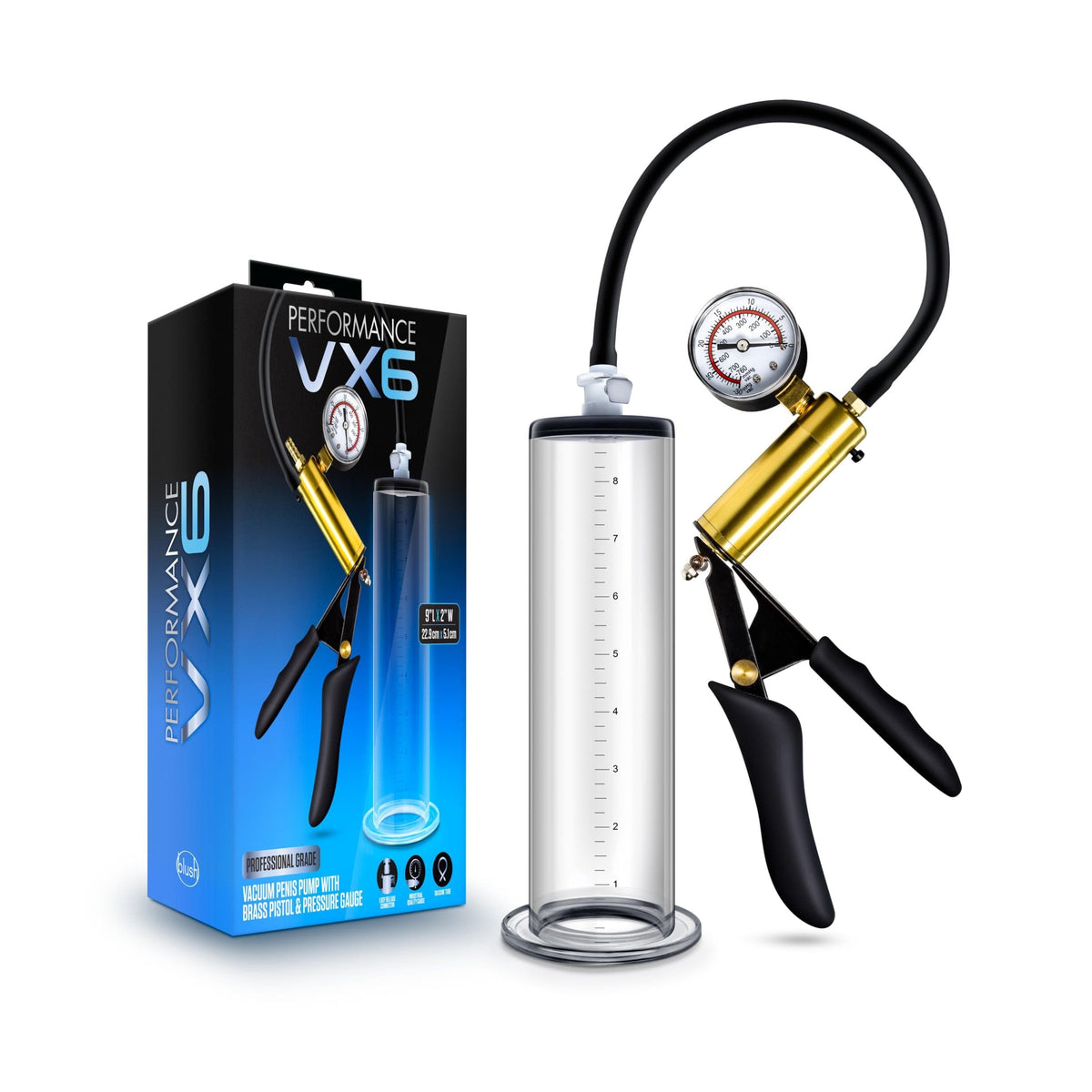 performance vx6 vacuum penis pump with brass pistol pressure gauge clear