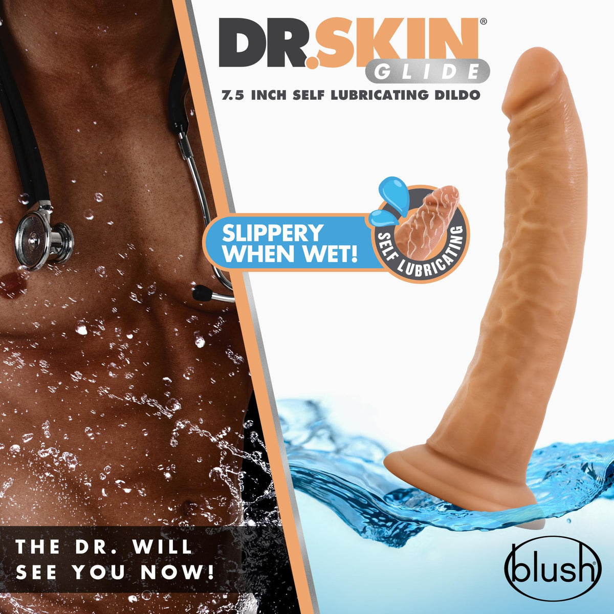 dr skin glide 7 5 inch self lubricating dildo mocha