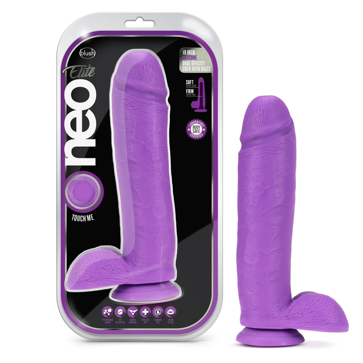 neo elite 10 inch silicone dual density cock with balls neon purple