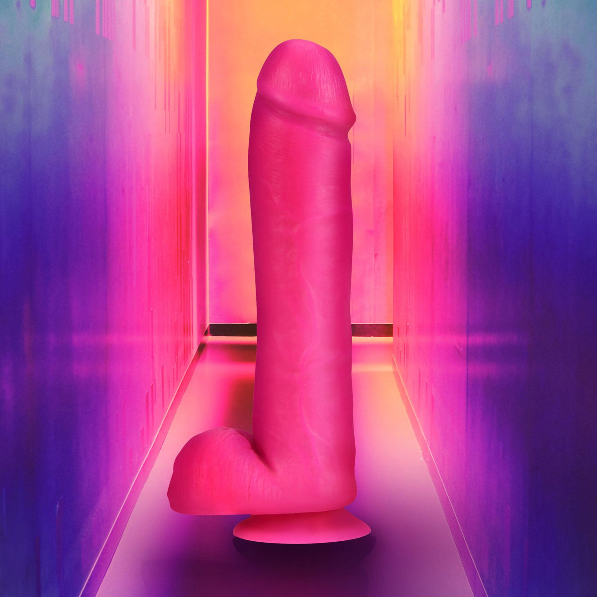 neo elite 11 inch silicone dual density cock with balls neon pink
