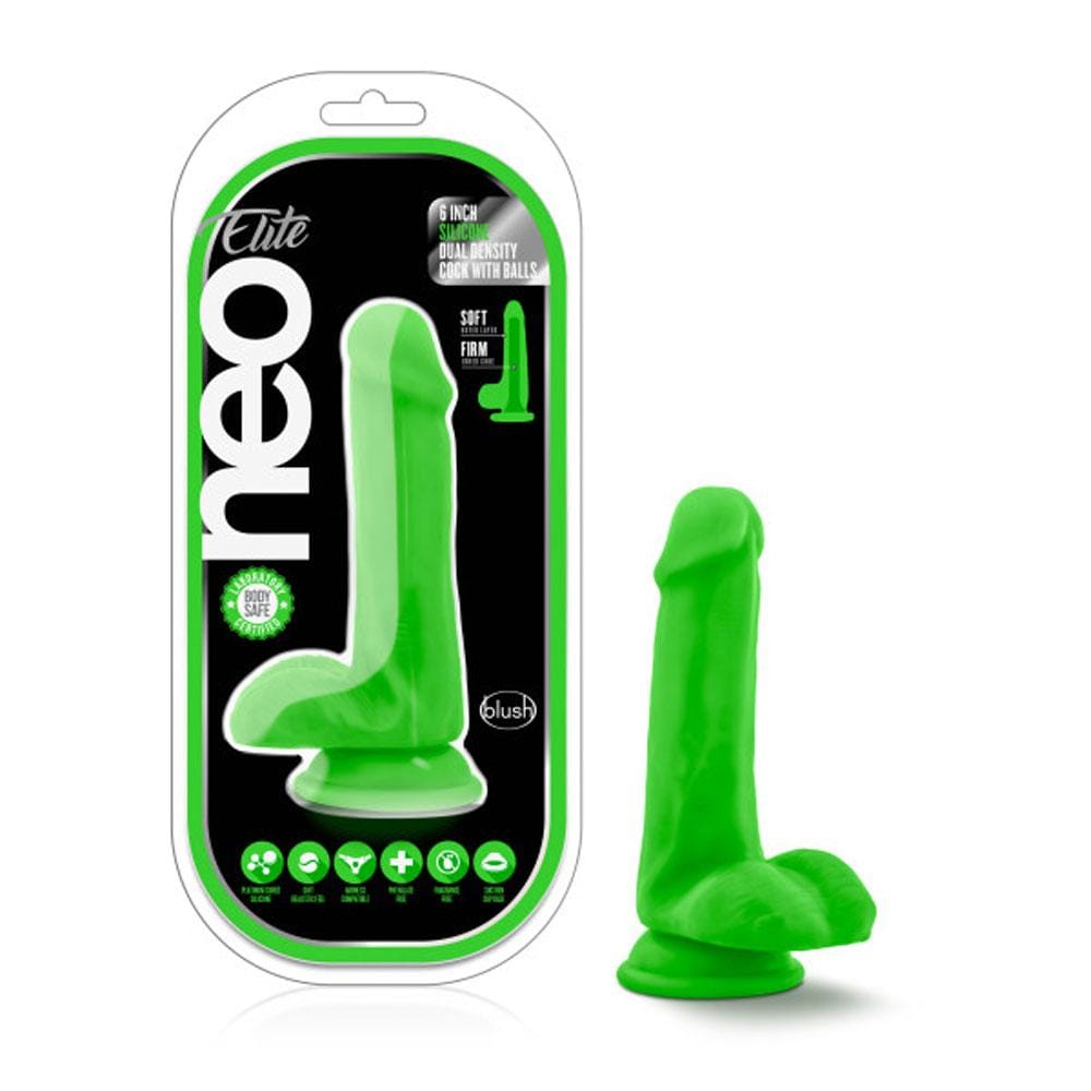 Blush Novelties   neo elite 6 inch silicone dual density cock with balls neon green