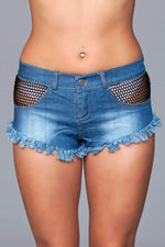Denim Shorts With Fishnet Top Trimming and Fringe Bottom Details - Medium Default Title