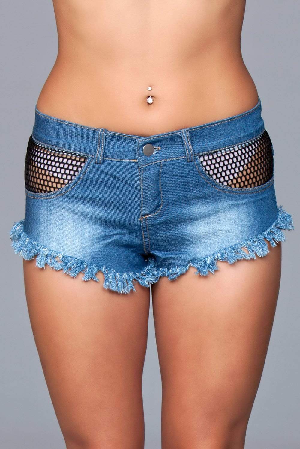 denim shorts with fishnet top trimming and fringe bottom details medium