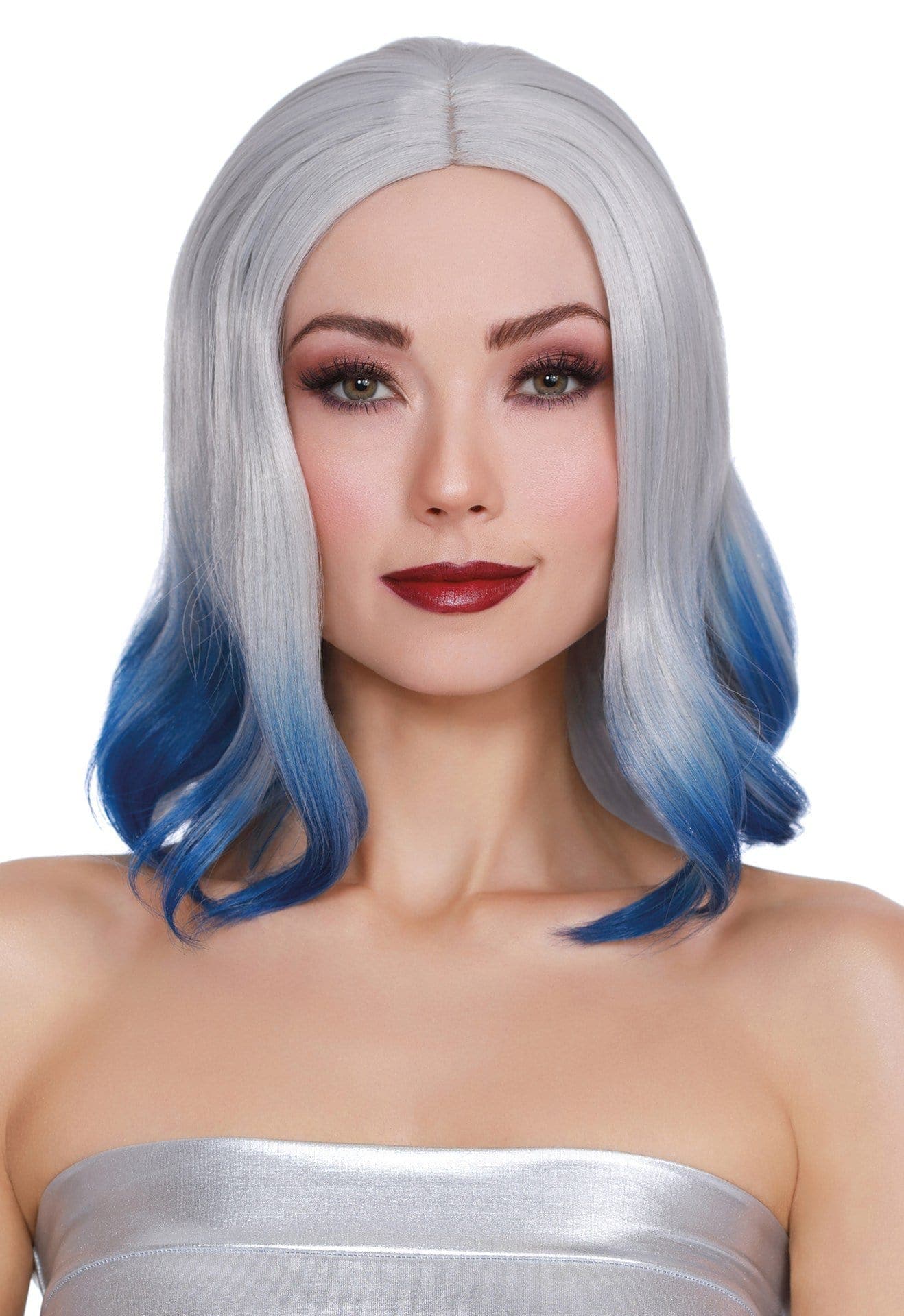 shoulder lenth wig with bangs and bottom curl silver and blue