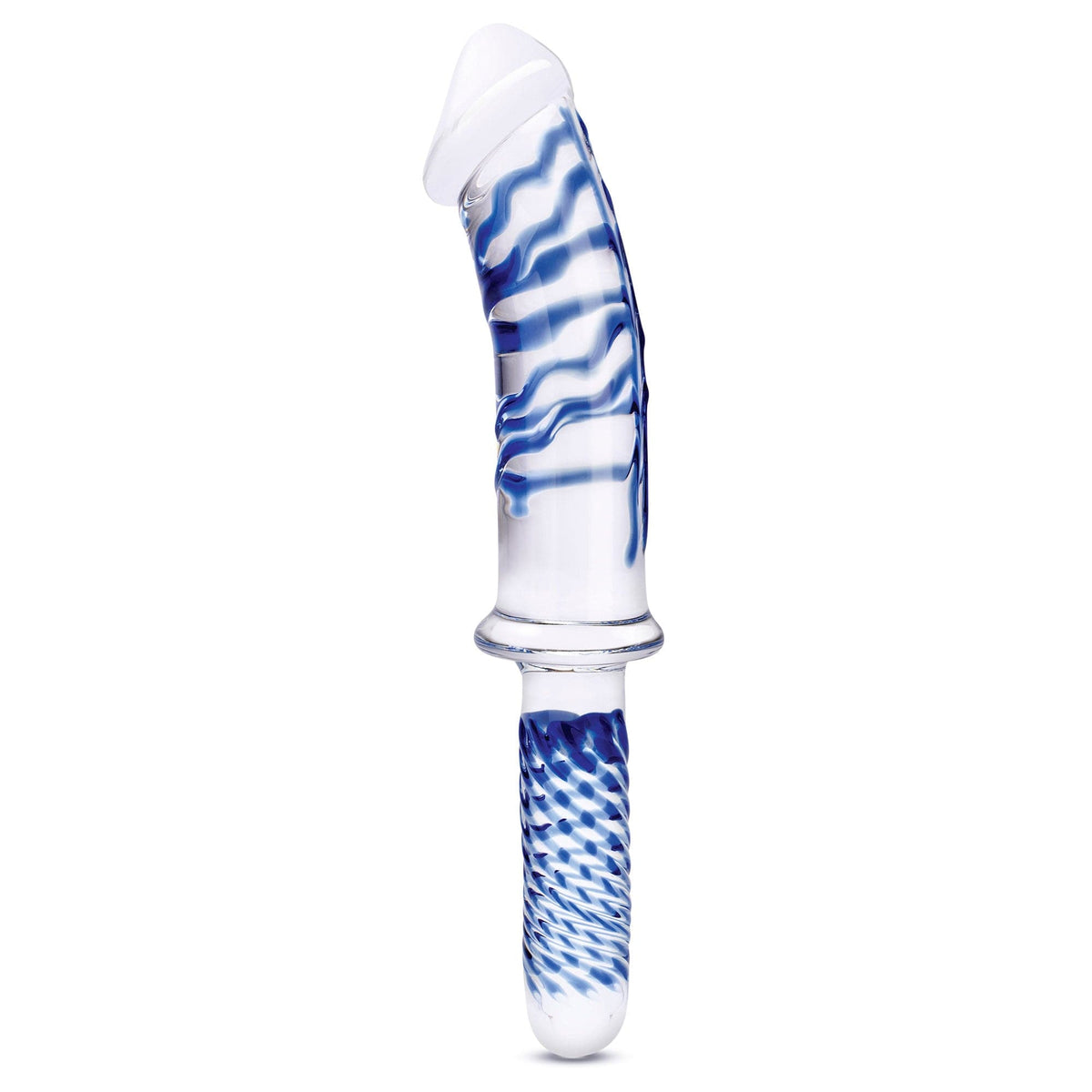 11 inch realistic double ended glass dildo with handle blue clear